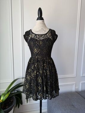 Parisian collection - Handcrafted with love - Black and gold Lace Mini Dress